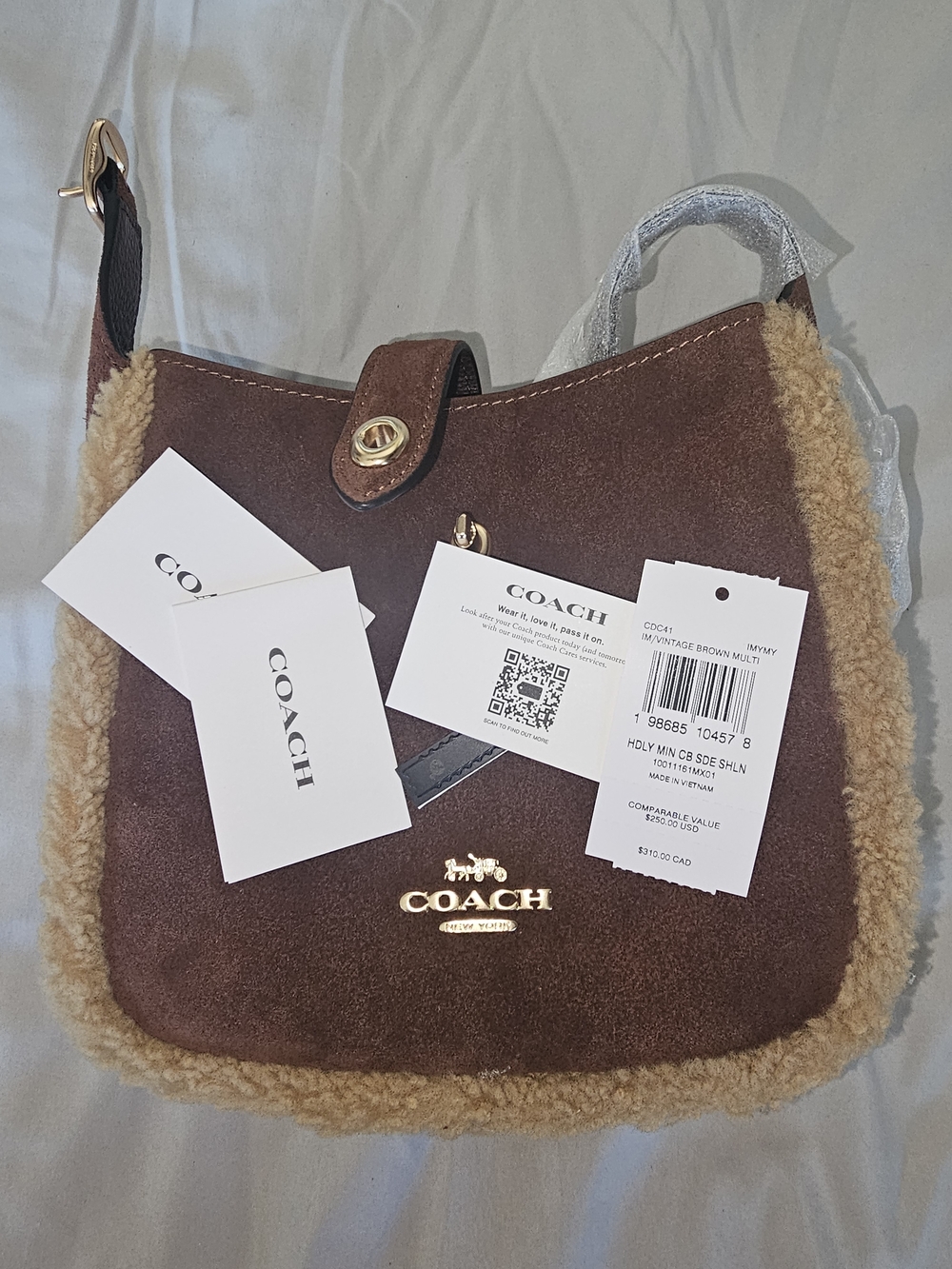 Coach Brown Suede Shoulder Bag with Shearling Trim and Gold Hardware NWT